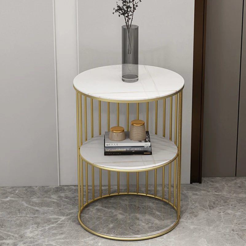 Contemporary Nordic Cylinder Stone Slab Iron Side Table 3 - Tier For Living Room