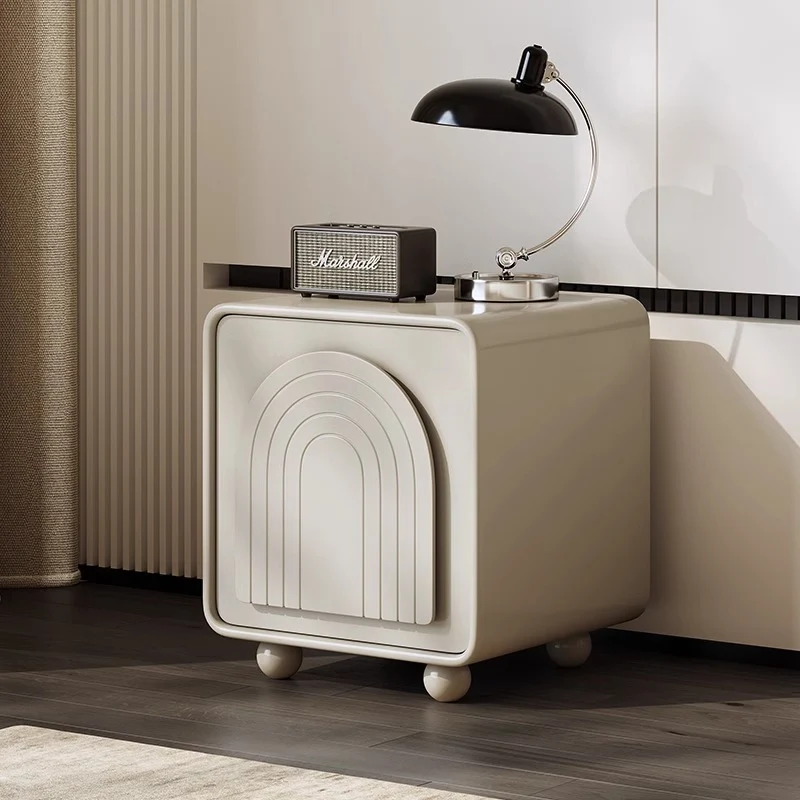 Contemporary Nordic Cream Square Cube Medium Density Fiberboard Nightstand 2 - Cabinet For Bedroom