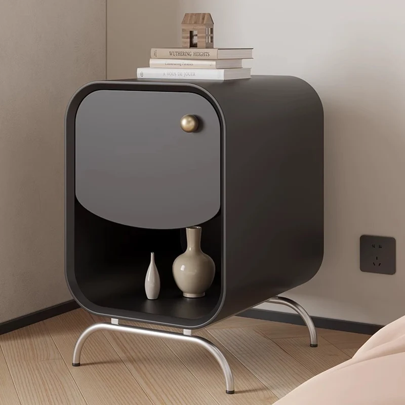 Modern Minimalist Square Medium Density Fiberboard Pine Stainless Steel Nightstand 1 - Drawer For Bedroom