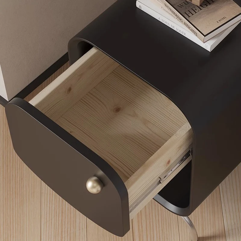 Modern Minimalist Square Medium Density Fiberboard Pine Stainless Steel Nightstand 1 - Drawer For Bedroom