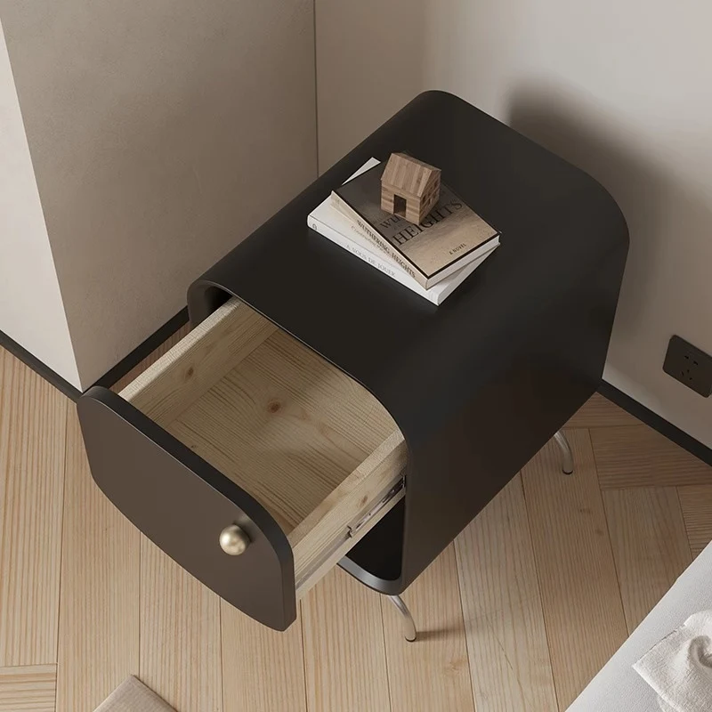 Modern Minimalist Square Medium Density Fiberboard Pine Stainless Steel Nightstand 1 - Drawer For Bedroom