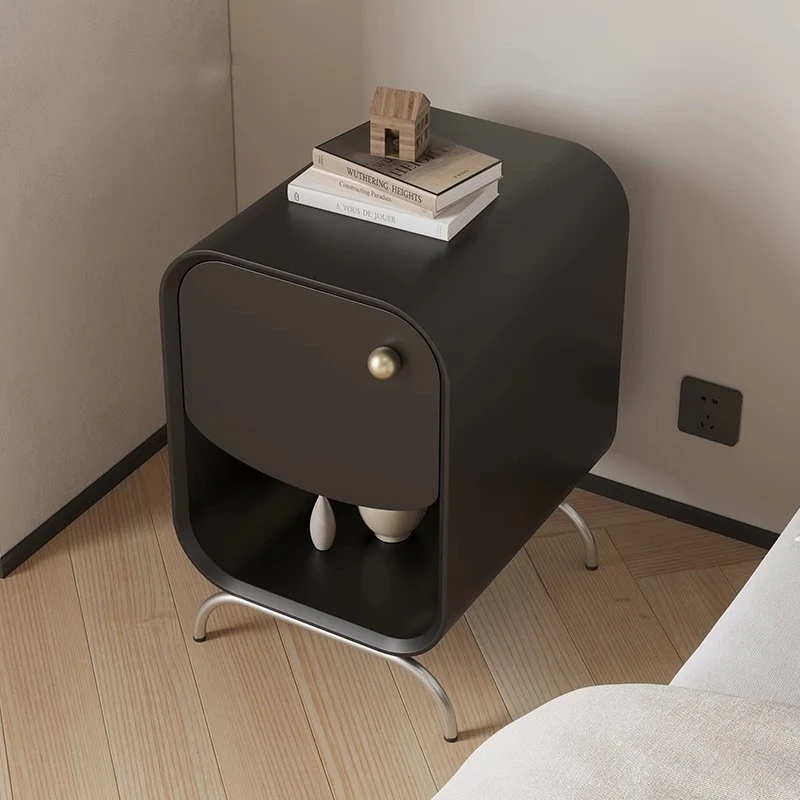 Modern Minimalist Square Medium Density Fiberboard Pine Stainless Steel Nightstand 1 - Drawer For Bedroom