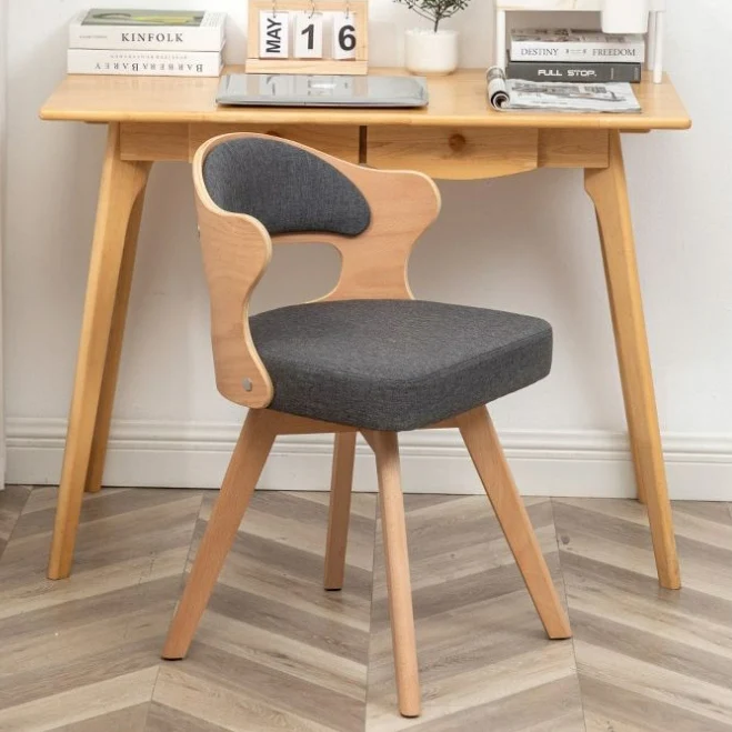 Contemporary Nordic Beech Faux Leather Or Linen Square Swivel Desk Chair With Backrest For Home Office & Study