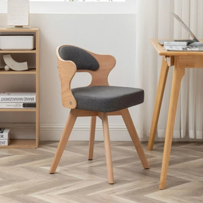 Contemporary Nordic Beech Faux Leather Or Linen Square Swivel Desk Chair With Backrest For Home Office & Study