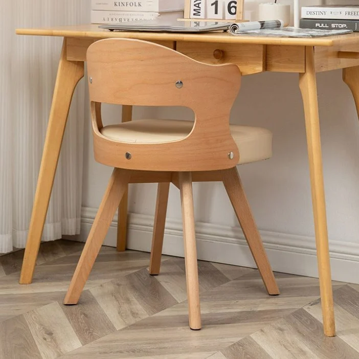 Contemporary Nordic Beech Faux Leather Or Linen Square Swivel Desk Chair With Backrest For Home Office & Study