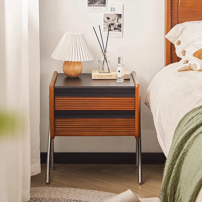 Contemporary Nordic Rock Slab, Pine, Boxwood & Stainless Steel Square Nightstand With 2-Drawers For Bedroom & Living Room