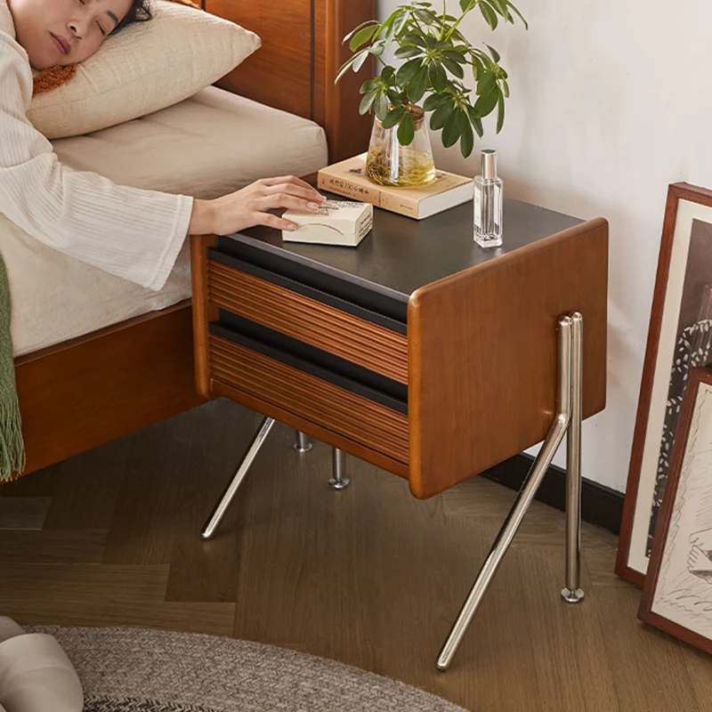 Contemporary Nordic Rock Slab, Pine, Boxwood & Stainless Steel Square Nightstand With 2-Drawers For Bedroom & Living Room