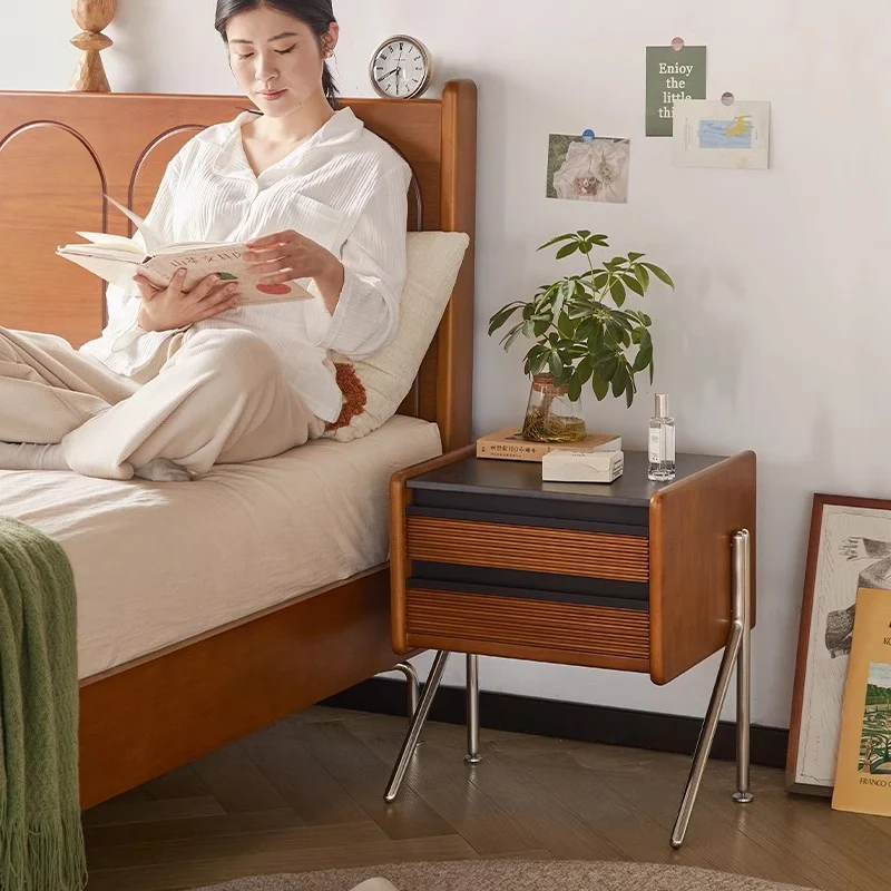 Contemporary Nordic Rock Slab, Pine, Boxwood & Stainless Steel Square Nightstand With 2-Drawers For Bedroom & Living Room