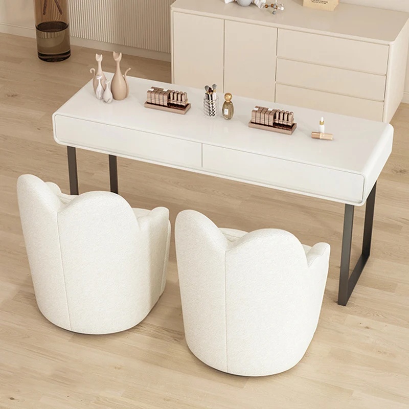 Contemporary Nordic Sherpa Fabric Or Suede Plywood Metal Petal-Shaped Swivel Vanity Stool With Backrest And Armrests For Bedroom