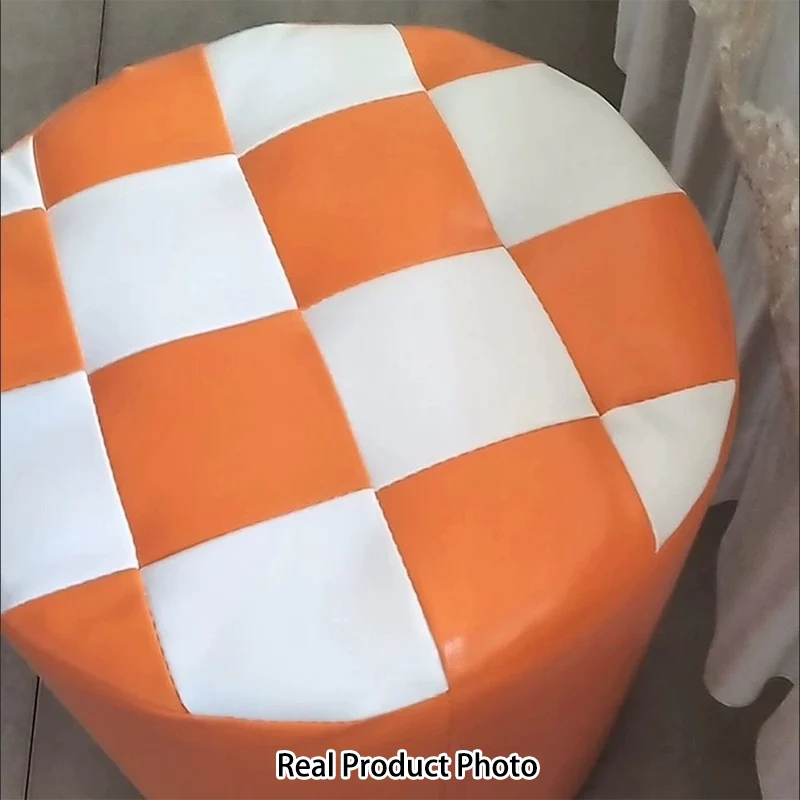 Modern Minimalist Plywood Faux Leather Checkerboard Cylinder Low Stool For Bedroom & Living Room