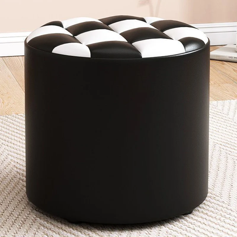 Modern Minimalist Plywood Faux Leather Checkerboard Cylinder Low Stool For Bedroom & Living Room