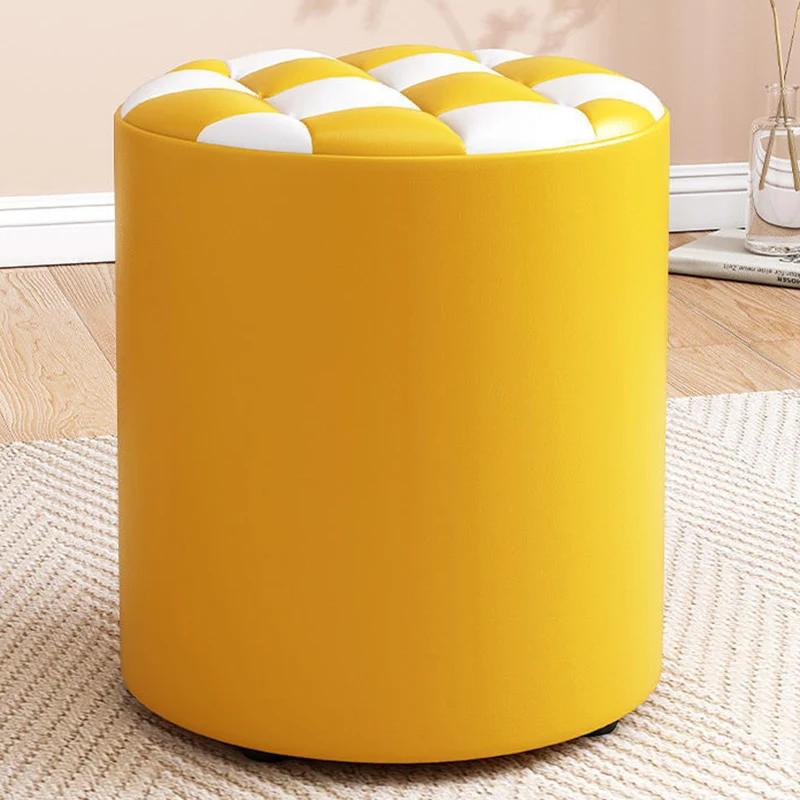 Modern Minimalist Plywood Faux Leather Checkerboard Cylinder Low Stool For Bedroom & Living Room