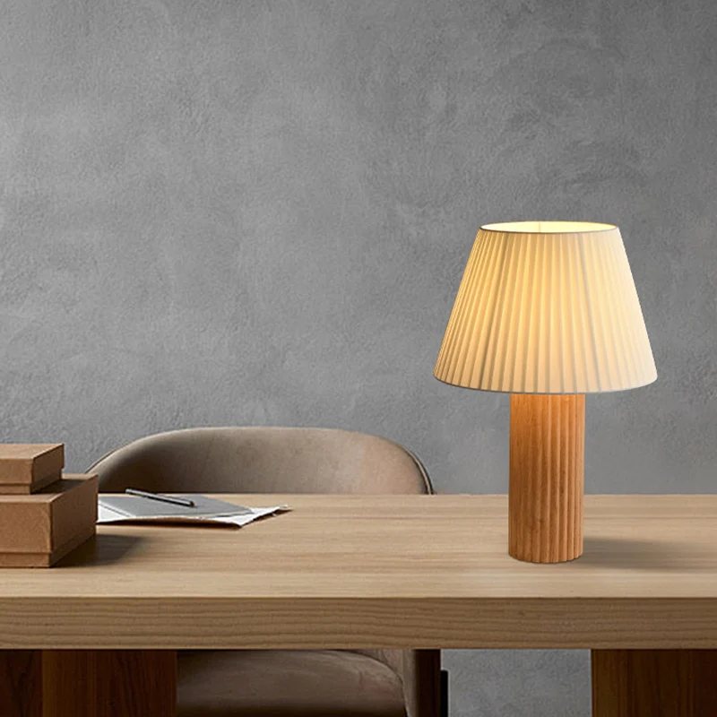 Traditional Japanese Drum Wood Fabric 1-Light Table Lamp For Living Room