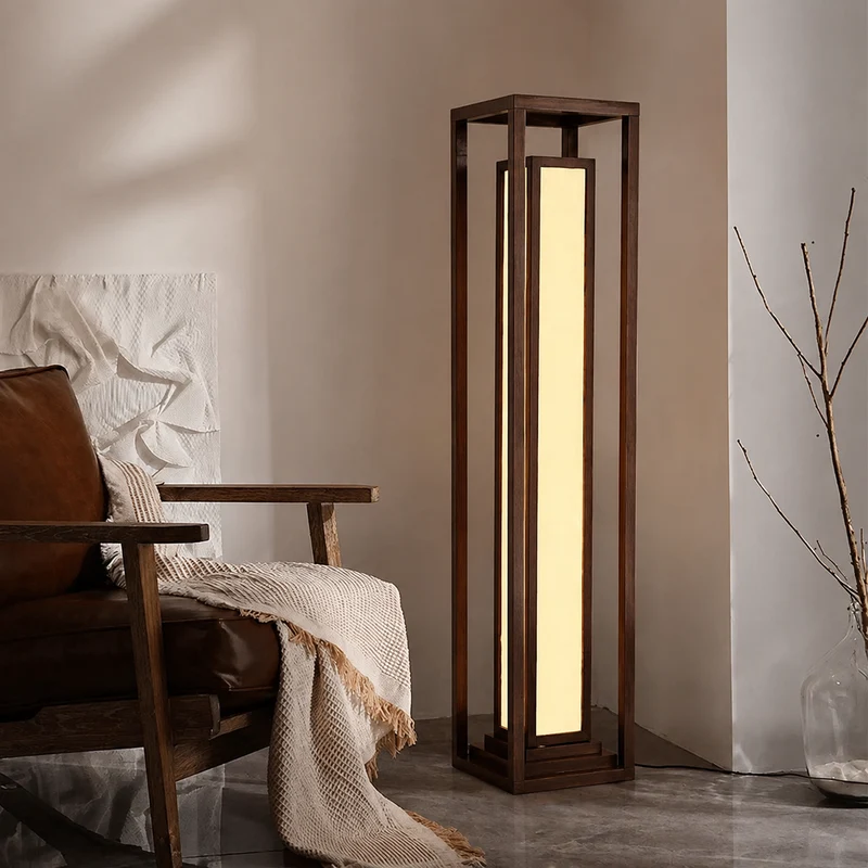 Traditional Japanese Ash Wood Fabric Cuboid LED Standing Floor Lamp For Living Room And Bedroom