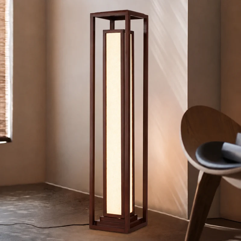 Traditional Japanese Ash Wood Fabric Cuboid LED Standing Floor Lamp For Living Room And Bedroom