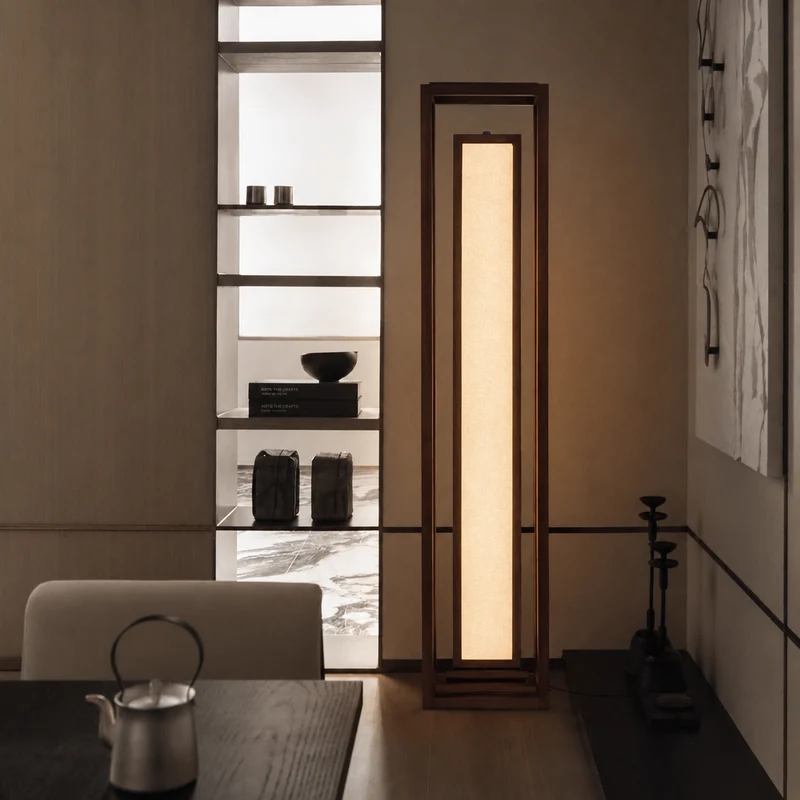 Traditional Japanese Ash Wood Fabric Cuboid LED Standing Floor Lamp For Living Room And Bedroom