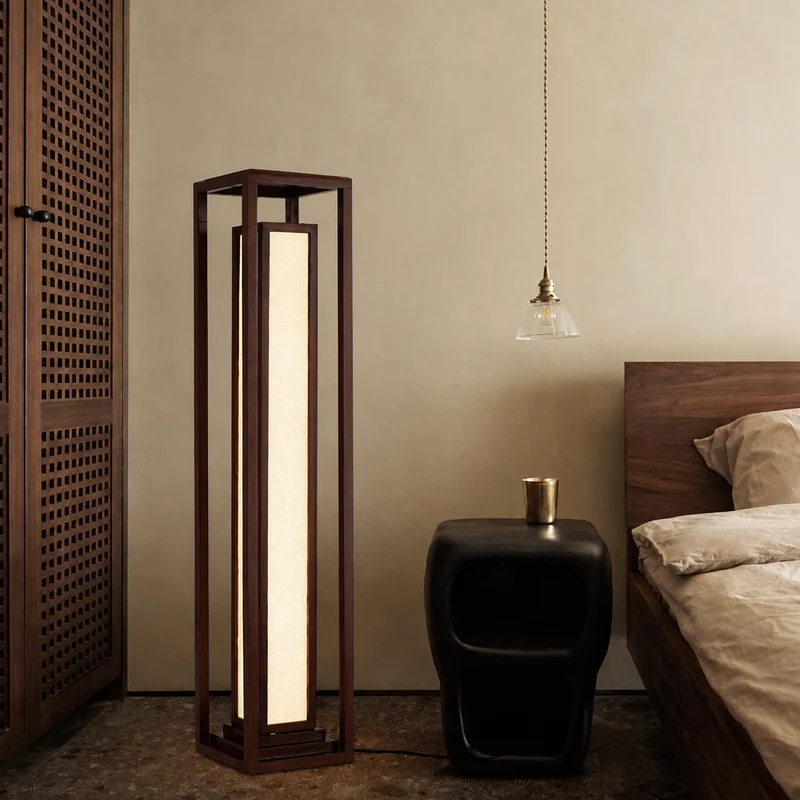Traditional Japanese Ash Wood Fabric Cuboid LED Standing Floor Lamp For Living Room And Bedroom