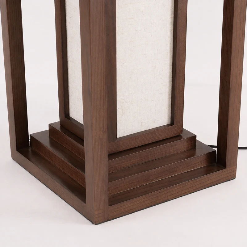 Traditional Japanese Ash Wood Fabric Cuboid LED Standing Floor Lamp For Living Room And Bedroom