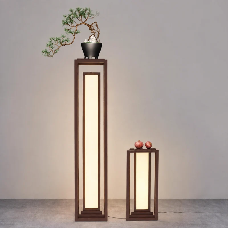 Traditional Japanese Ash Wood Fabric Cuboid LED Standing Floor Lamp For Living Room And Bedroom