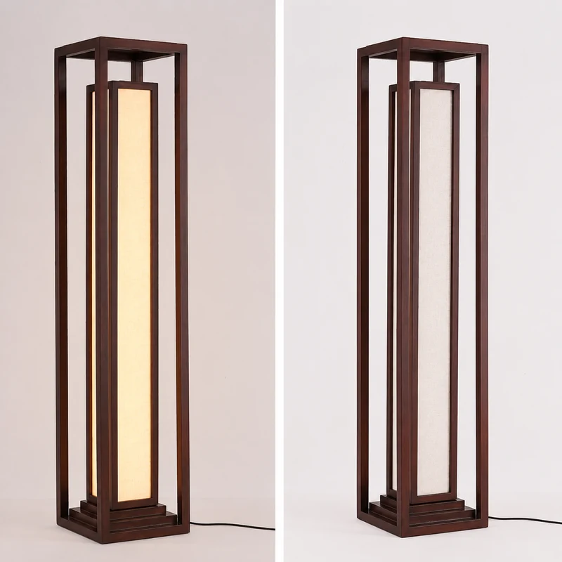 Traditional Japanese Ash Wood Fabric Cuboid LED Standing Floor Lamp For Living Room And Bedroom