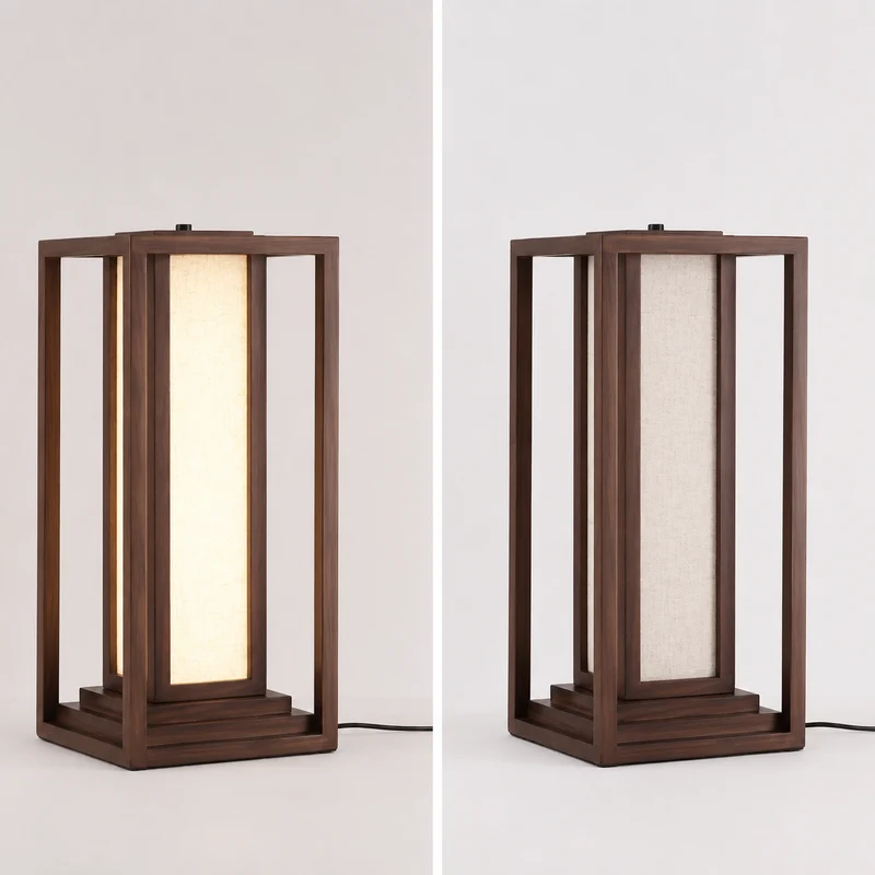 Traditional Japanese Ash Wood Fabric Cuboid LED Standing Floor Lamp For Living Room And Bedroom