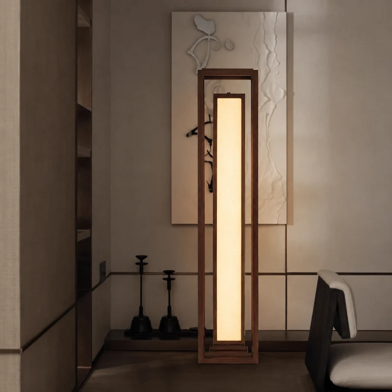 Traditional Japanese Ash Wood Fabric Cuboid LED Standing Floor Lamp For Living Room And Bedroom
