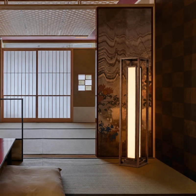 Traditional Japanese Ash Wood Fabric Cuboid LED Standing Floor Lamp For Living Room And Bedroom