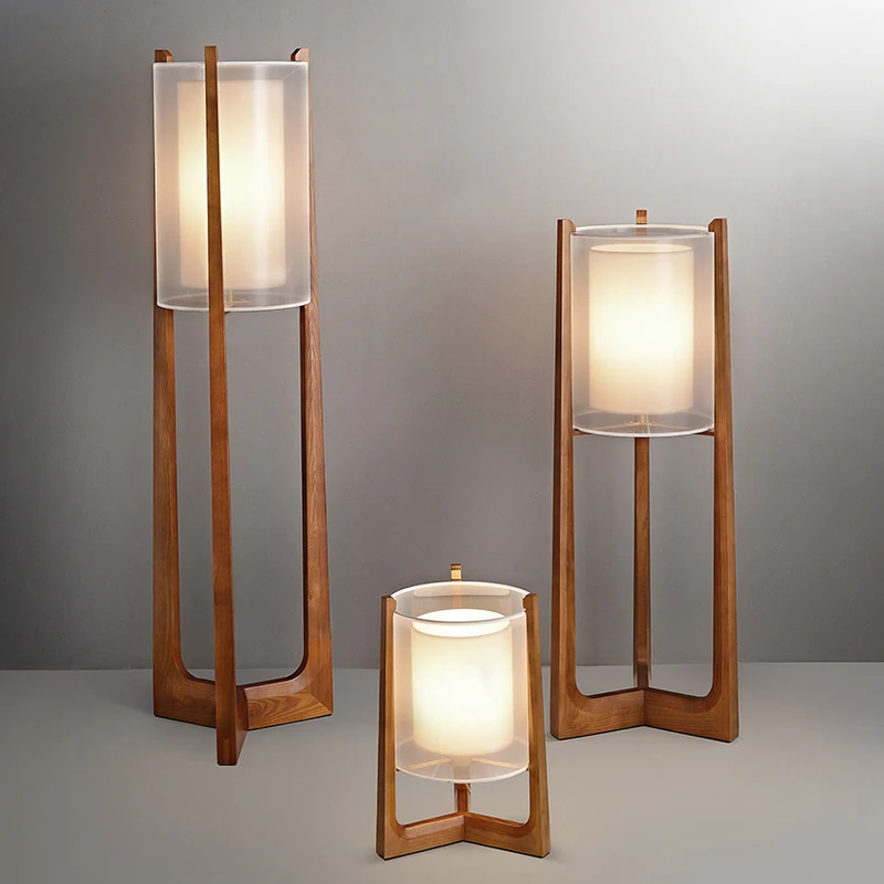 Traditional Japanese Fabric Solid Ash Wood & Brass Cylindrical 1-Light Standing Floor Lamp For Living Room And Bedroom