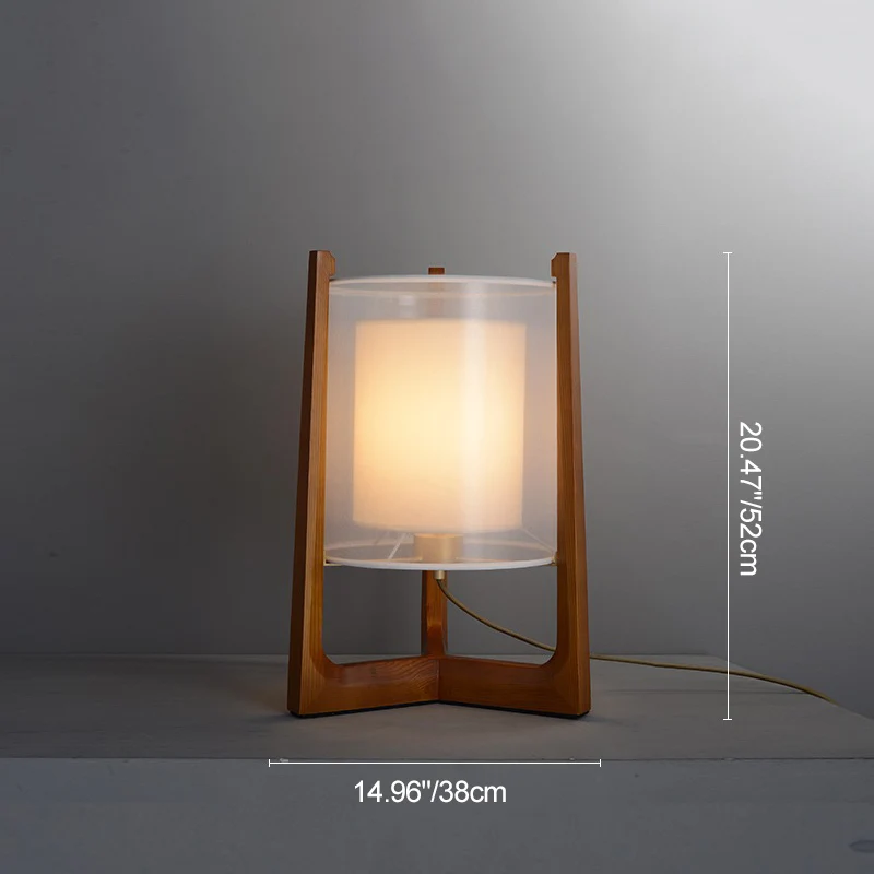 Traditional Japanese Fabric Solid Ash Wood & Brass Cylindrical 1-Light Standing Floor Lamp For Living Room And Bedroom