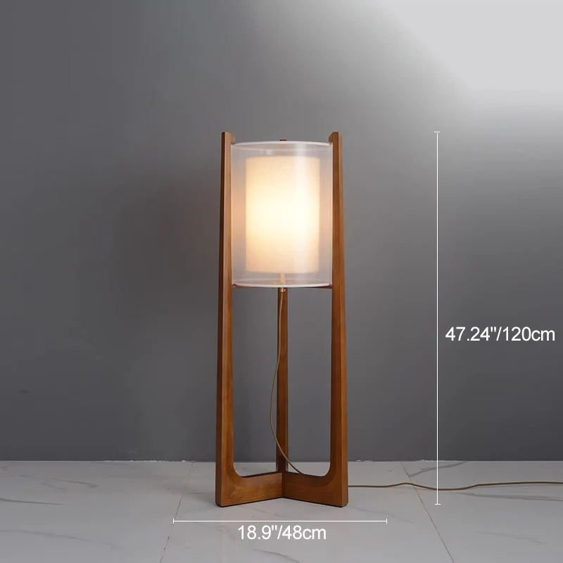 Traditional Japanese Fabric Solid Ash Wood & Brass Cylindrical 1-Light Standing Floor Lamp For Living Room And Bedroom