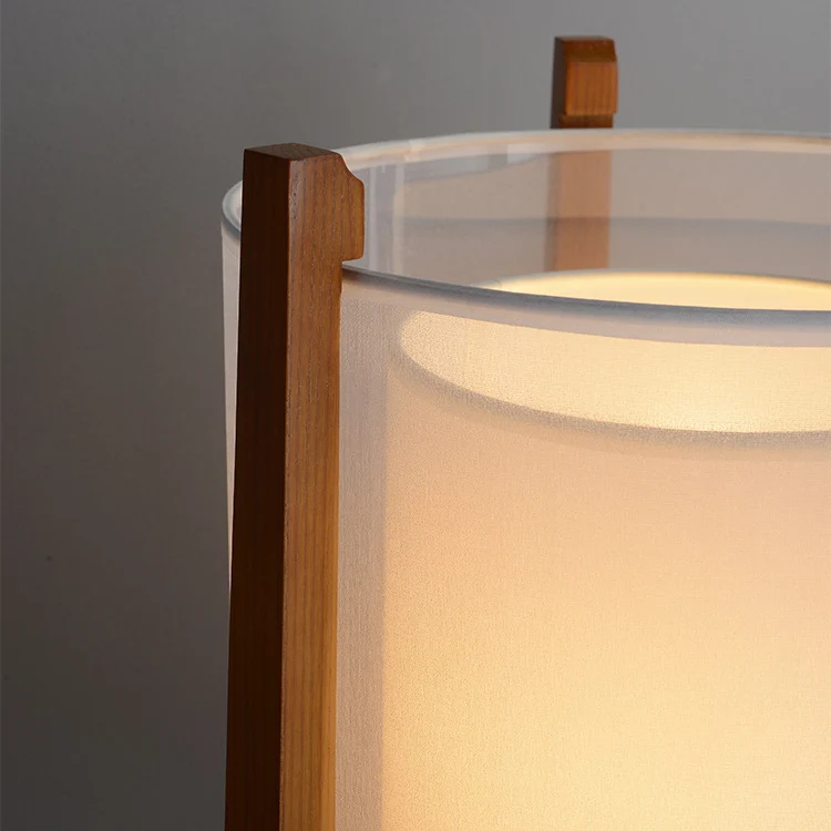 Traditional Japanese Fabric Solid Ash Wood & Brass Cylindrical 1-Light Standing Floor Lamp For Living Room And Bedroom