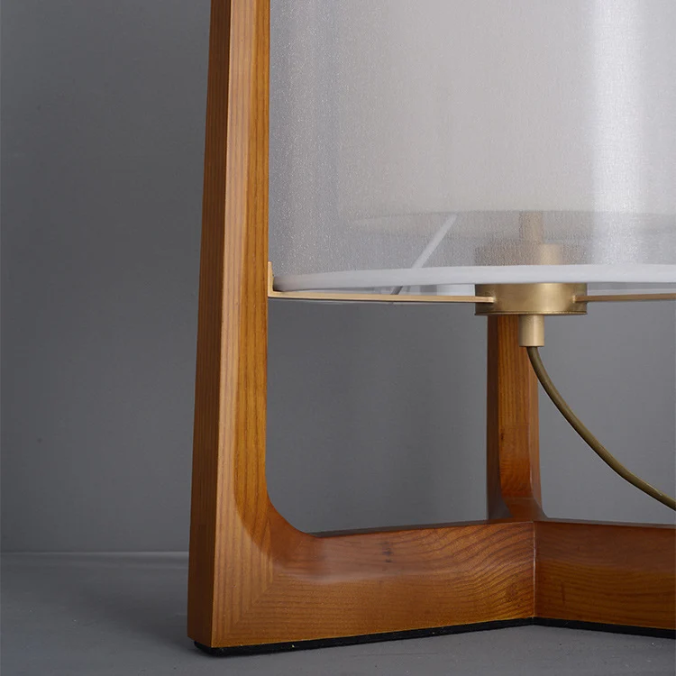 Traditional Japanese Fabric Solid Ash Wood & Brass Cylindrical 1-Light Standing Floor Lamp For Living Room And Bedroom