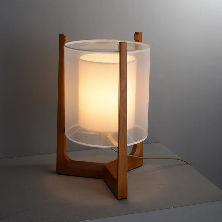Traditional Japanese Fabric Solid Ash Wood & Brass Cylindrical 1-Light Standing Floor Lamp For Living Room And Bedroom