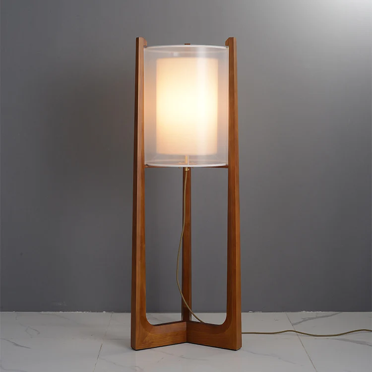 Traditional Japanese Fabric Solid Ash Wood & Brass Cylindrical 1-Light Standing Floor Lamp For Living Room And Bedroom