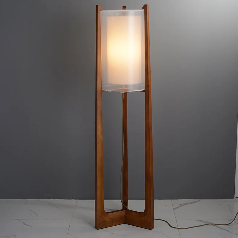 Traditional Japanese Fabric Solid Ash Wood & Brass Cylindrical 1-Light Standing Floor Lamp For Living Room And Bedroom