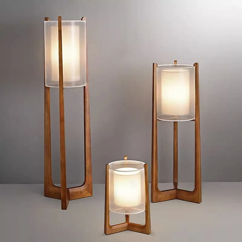 Traditional Japanese Fabric Solid Ash Wood & Brass Cylindrical 1-Light Standing Floor Lamp For Living Room And Bedroom