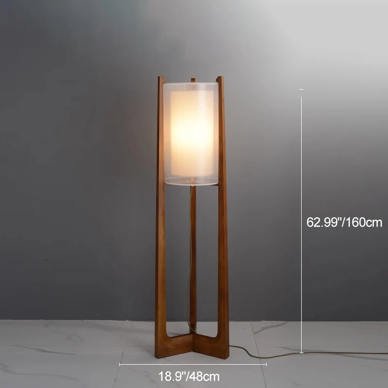 Traditional Japanese Fabric Solid Ash Wood & Brass Cylindrical 1-Light Standing Floor Lamp For Living Room And Bedroom