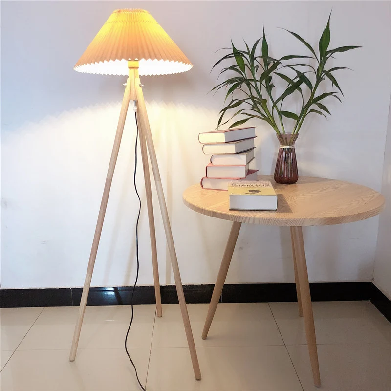 Contemporary Nordic Wood & Fabric Pleated Tripod 1-Light Standing Floor Lamp For Living Room And Bedroom