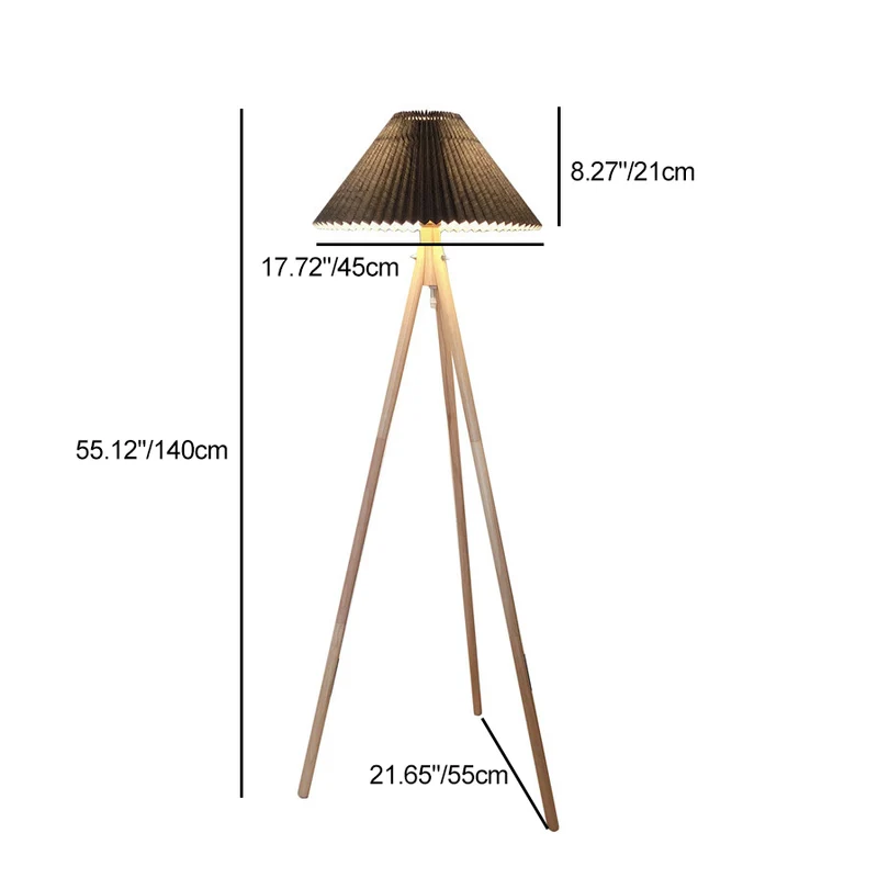 Contemporary Nordic Wood & Fabric Pleated Tripod 1-Light Standing Floor Lamp For Living Room And Bedroom