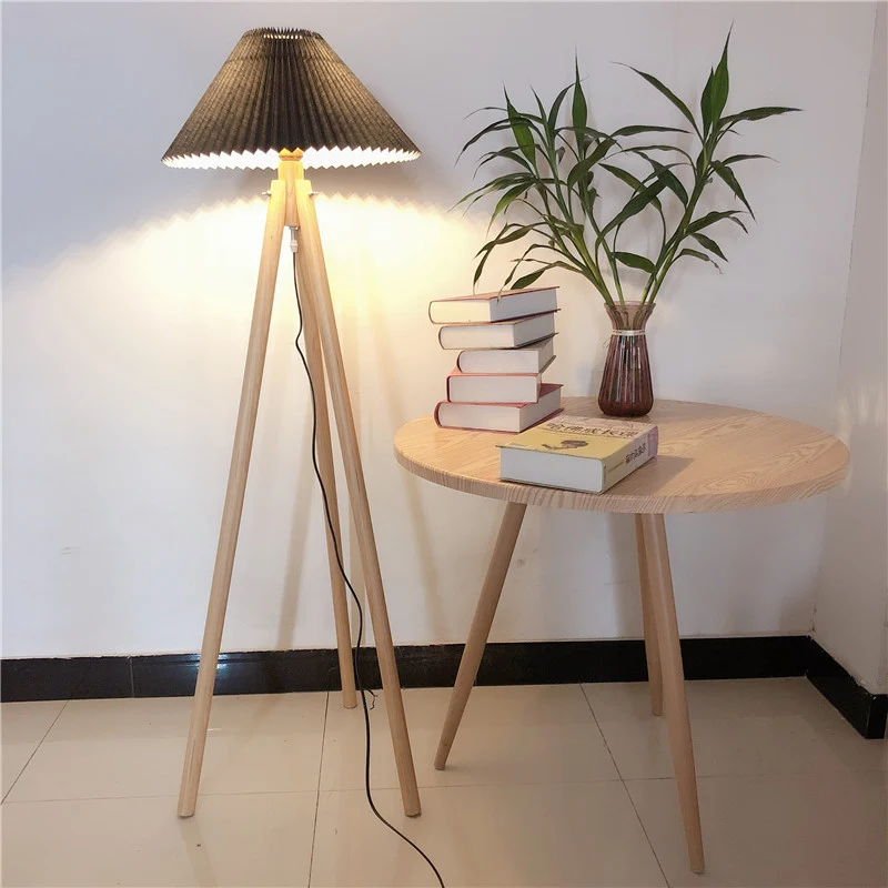 Contemporary Nordic Wood & Fabric Pleated Tripod 1-Light Standing Floor Lamp For Living Room And Bedroom