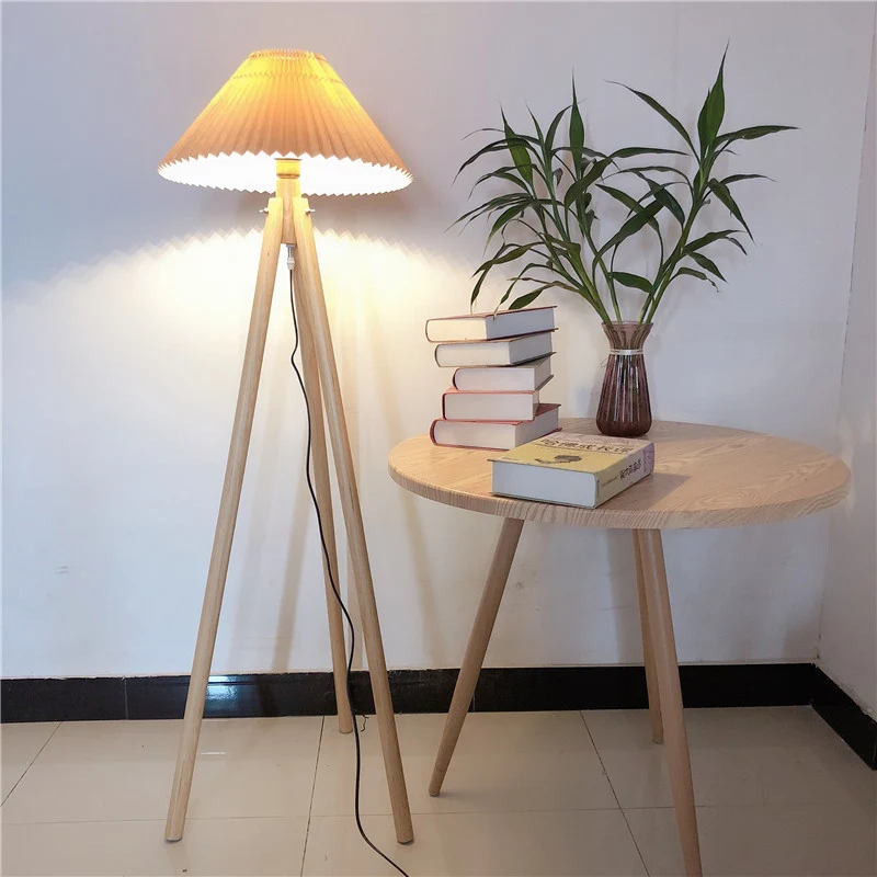 Contemporary Nordic Wood & Fabric Pleated Tripod 1-Light Standing Floor Lamp For Living Room And Bedroom
