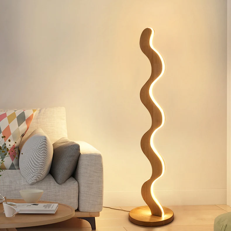 Contemporary Creative Oak & Acrylic Wavy LED Standing Floor Lamp For Living Room And Bedroom