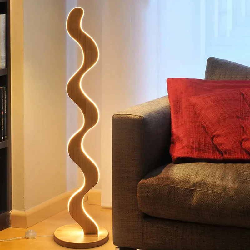 Contemporary Creative Oak & Acrylic Wavy LED Standing Floor Lamp For Living Room And Bedroom