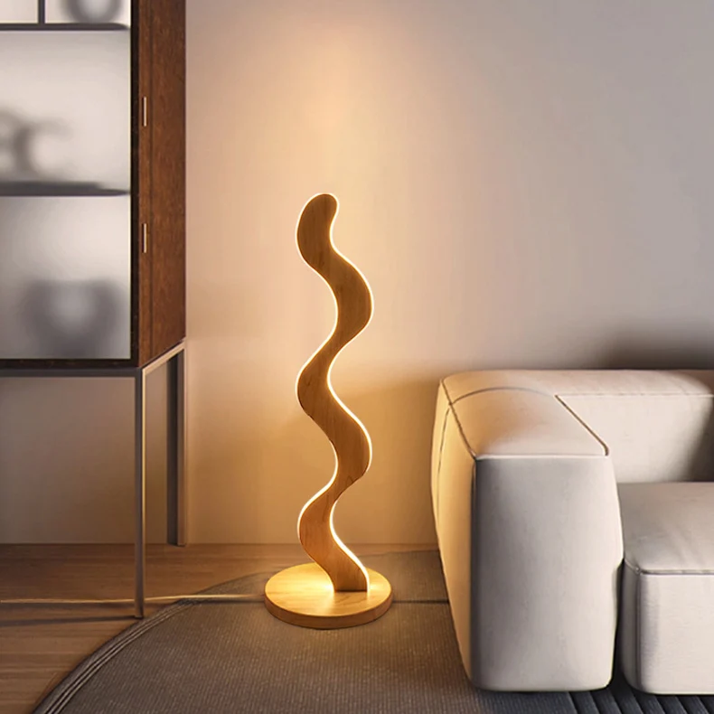 Contemporary Creative Oak & Acrylic Wavy LED Standing Floor Lamp For Living Room And Bedroom