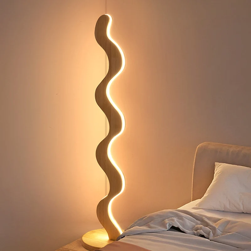 Contemporary Creative Oak & Acrylic Wavy LED Standing Floor Lamp For Living Room And Bedroom