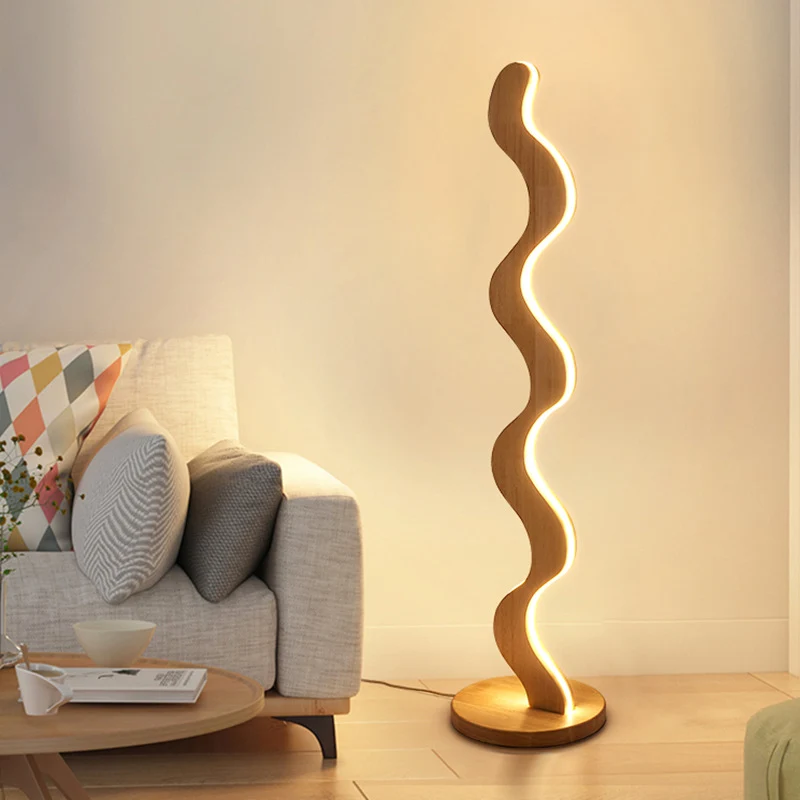 Contemporary Creative Oak & Acrylic Wavy LED Standing Floor Lamp For Living Room And Bedroom