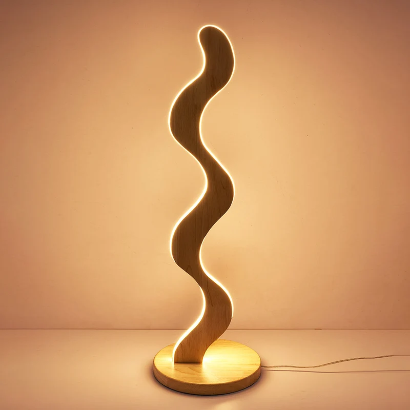 Contemporary Creative Oak & Acrylic Wavy LED Standing Floor Lamp For Living Room And Bedroom