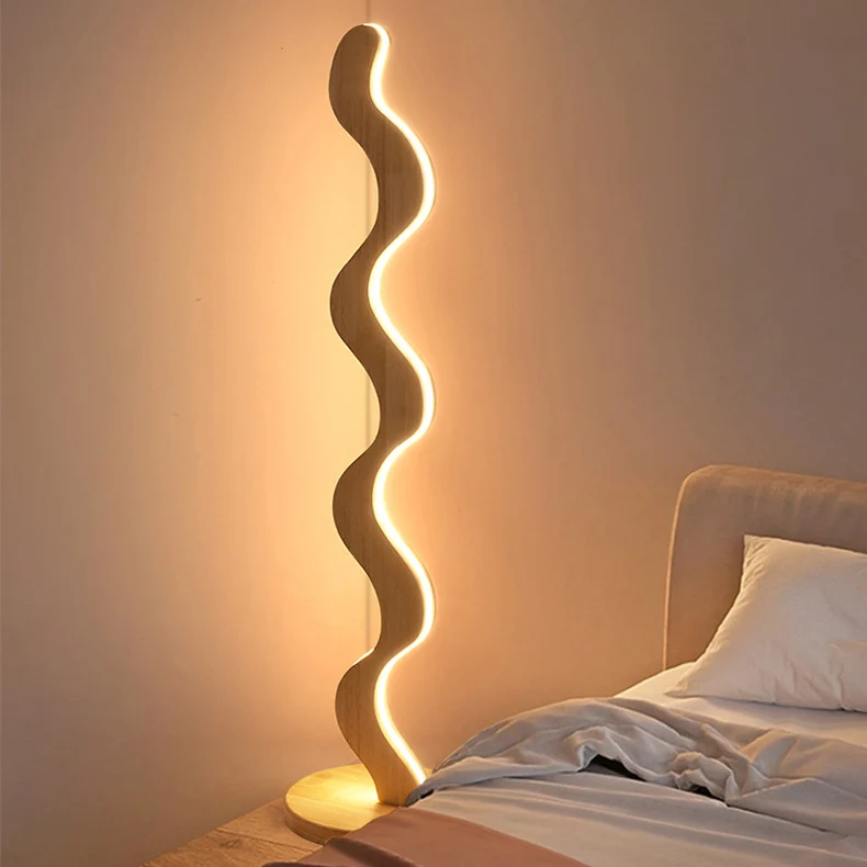 Contemporary Creative Oak & Acrylic Wavy LED Standing Floor Lamp For Living Room And Bedroom