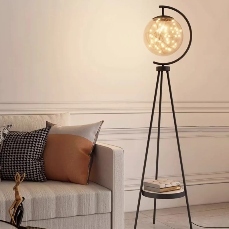 Contemporary Nordic Glass & Metal Starry Globe LED Standing Floor Lamp With Shelf For Living Room And Bedroom
