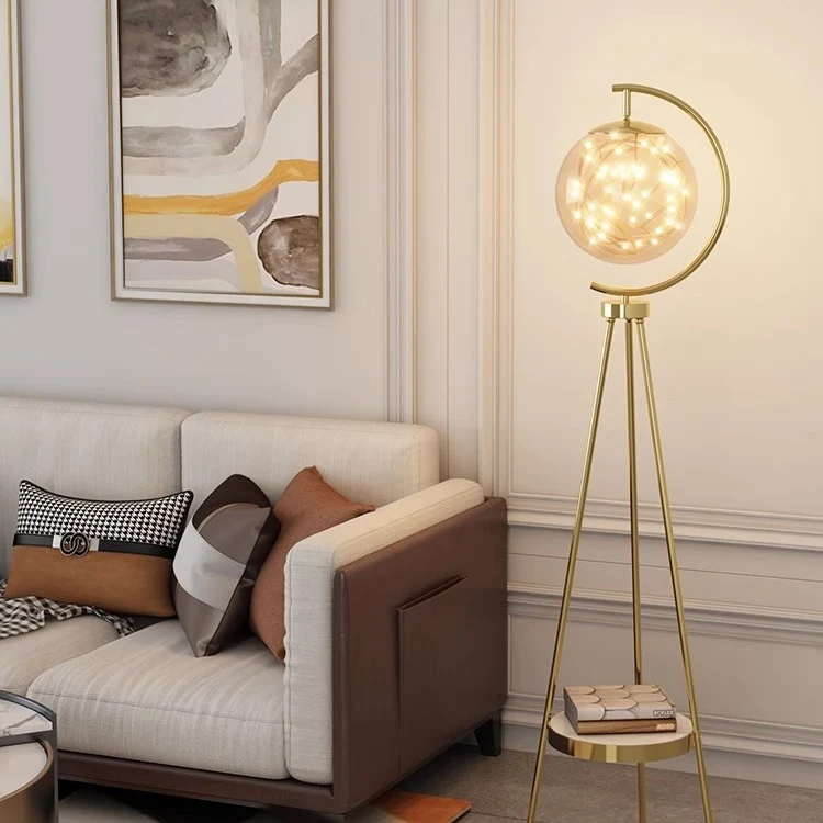 Contemporary Nordic Glass & Metal Starry Globe LED Standing Floor Lamp With Shelf For Living Room And Bedroom